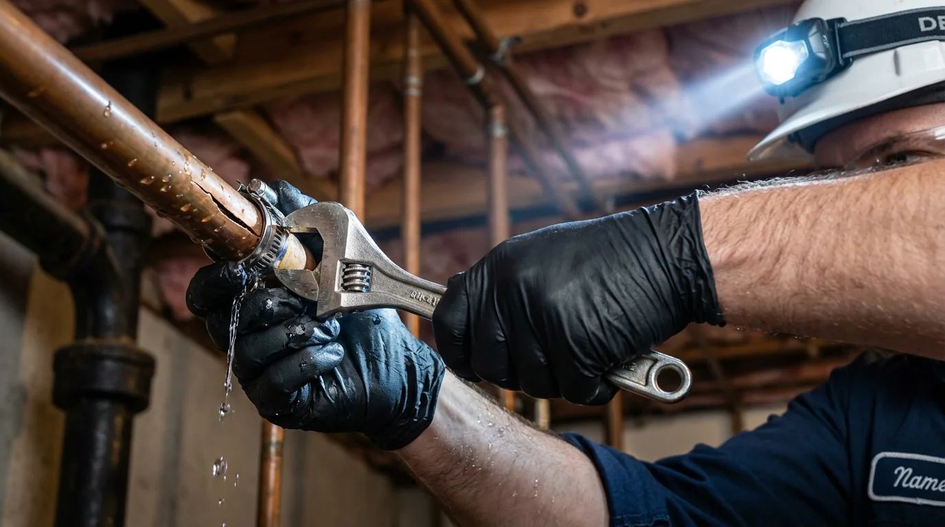 Emergency pipe clamp repair being performed by a Johns Plumbing LLC plumber in Lyons