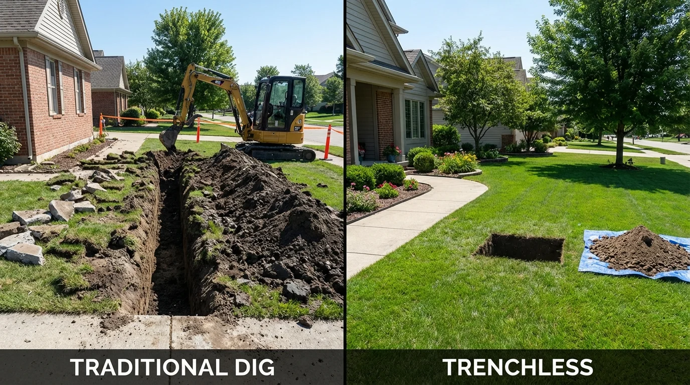 Trenchless sewer repair with minimal yard damage versus traditional excavation in Lyons, IL